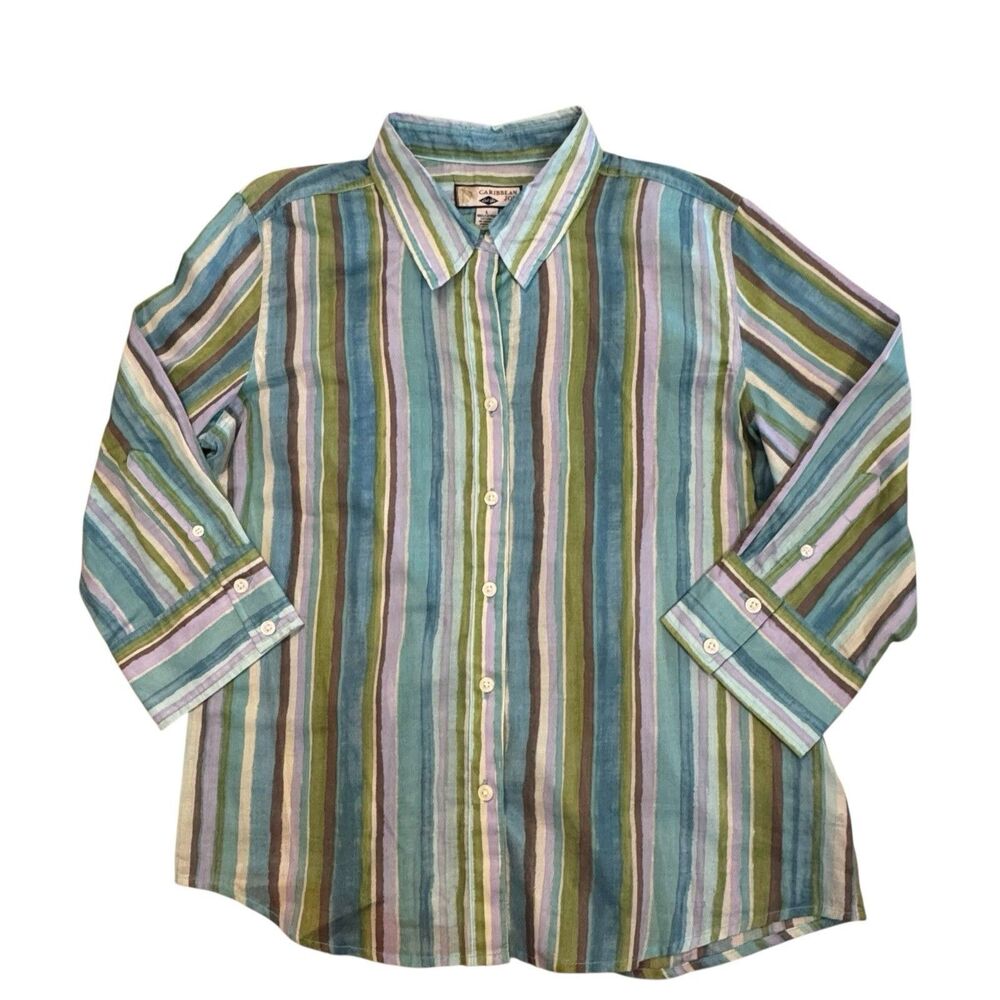 Caribbean Joe Womens Size L Striped Long Sleeve Button Shirt Beach